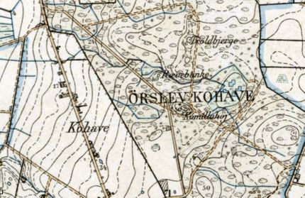 Kortforsyningen.dk, Høje Målebordsblade 1842-1899. Her ses Kamillahøj midt i skoven Ørslev Kohave. Skoven skiftede i 1917 navn til Troldbjerg Skov.