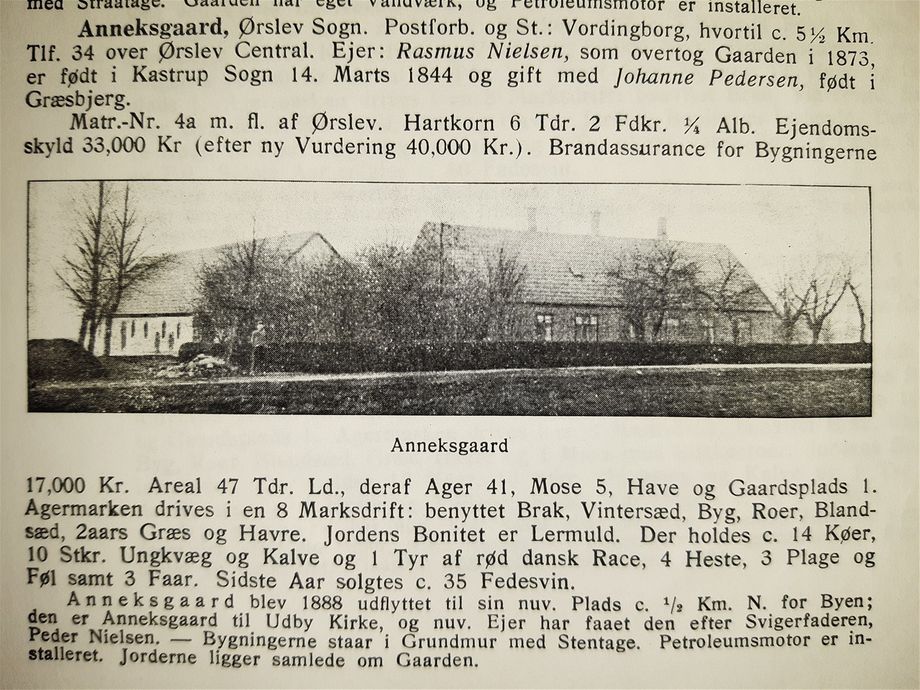 Beskrivelse af gården i 1906. Fra Danmarks landbrug 1906 af Johannes Madsen.