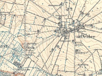 På dette kort fra 1937 ses den nye del af Ørslevvej indtegnet. Der er endnu ingen huse langs med vejen. Lavt målebordsblad, udgivet 1937. Geodatastyrelsen.