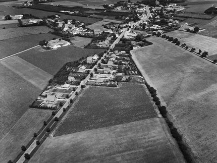 Luftfoto af Ørslevvej i 1956. Der er bygget flere villaer langs vejen. Sylvest Jensen Luftfoto 1956. Det Kongelige Bibliotek.