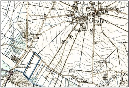 I 1852 blev Ørslev Enhave udskiftet. Skebækgården fik den lod som er markeret på dette ældre kort.